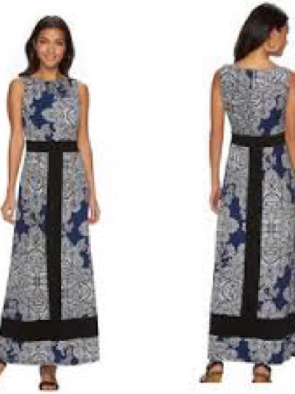 Chaps Navy, White & Black Sleeveless Printed Maxi Dress